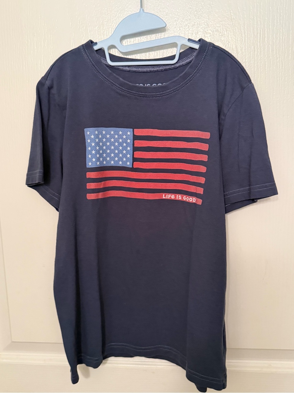 Life Is Good Navy Short Sleeve Tee with Red & Blue Flag Graphic